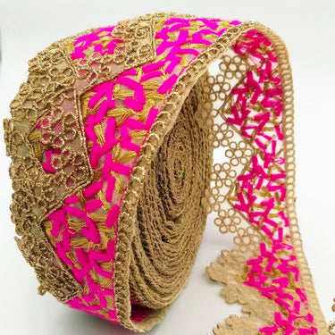 Gold Sheer Tissue Fabric Cutwork Trim with Embroidery in Gold and Fuchsia Pink, Scallop Trim, Fringe Trim